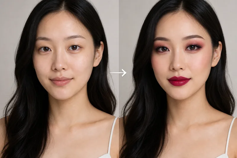 虚拟美妆试用：上妆前后对比示意